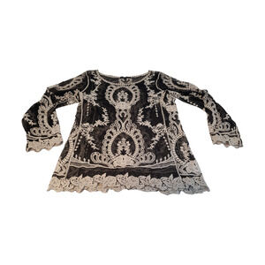 Black Sheer White Lace Embroidered Long Sleeve Top sz Med Pretty YOUARENOTALONE